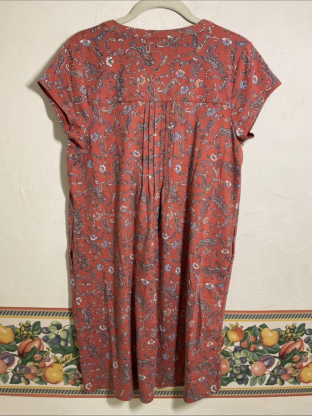J.Jill Terracotta Paisley Pleated Notch V Neck Knit Dress Pockets Size S Petite - Picture 4 of 10